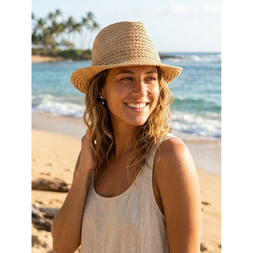 Bindya New York Tan Woven Straw Fedora Summer‎ Sun Hat O/S